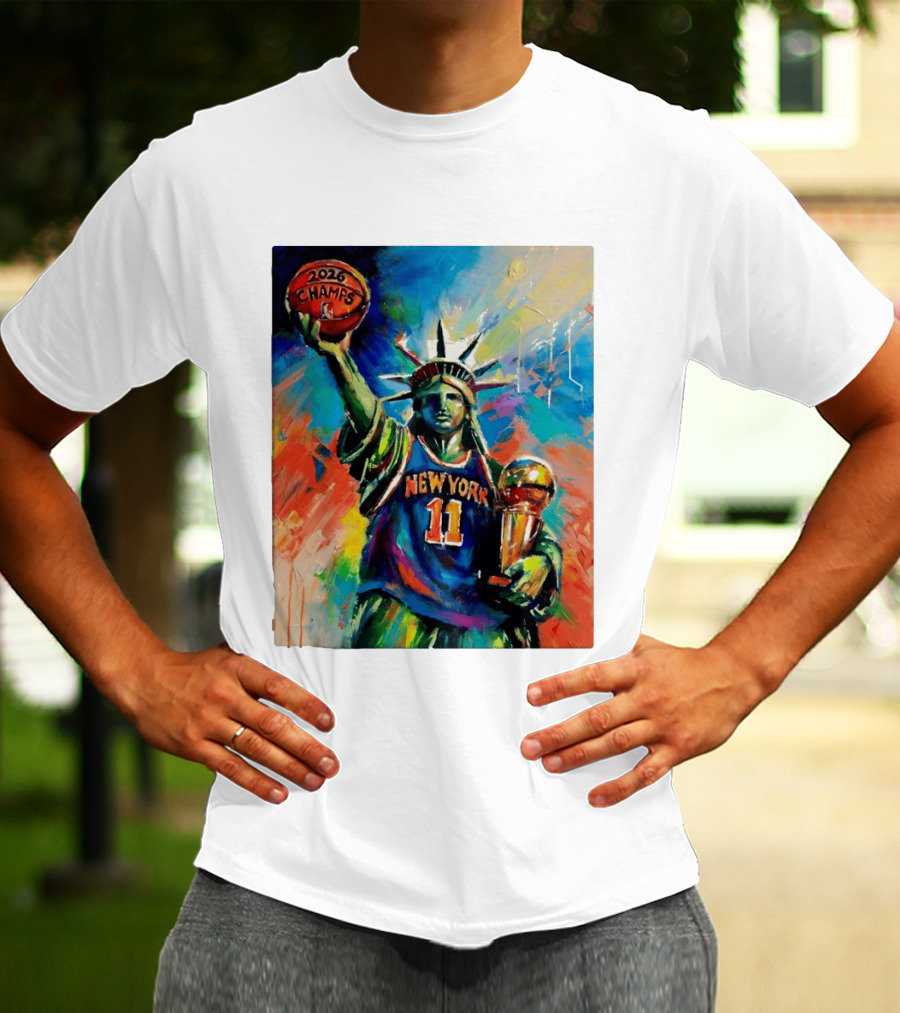 New York Knicks 11 Statue Of Liberty 2026 Champs Trophy Basketball T-Shirt