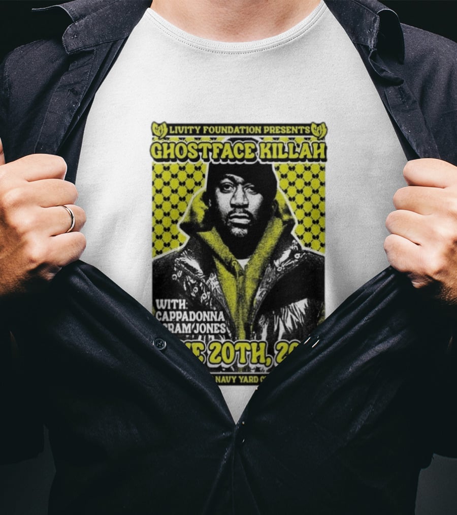 Livity Foundation Presents Ghostface Killah June 20th 2026 With Cappadonna Scram Jones Building 64 Navy Yard Charleston T-Shirt