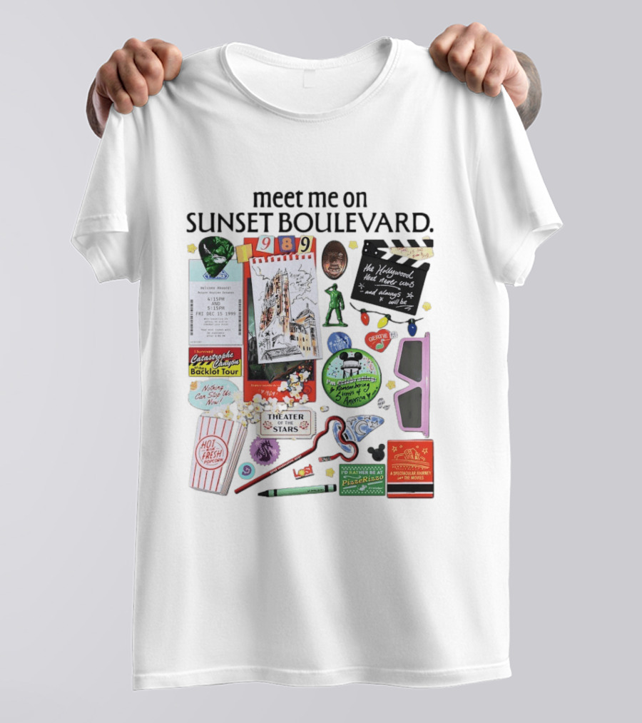 Meet Me On Sunset Boulevard Hollywood Tower Of Terror Theater Of The Stars Pizza Rizzo 3D Glasses Collage T-Shirt