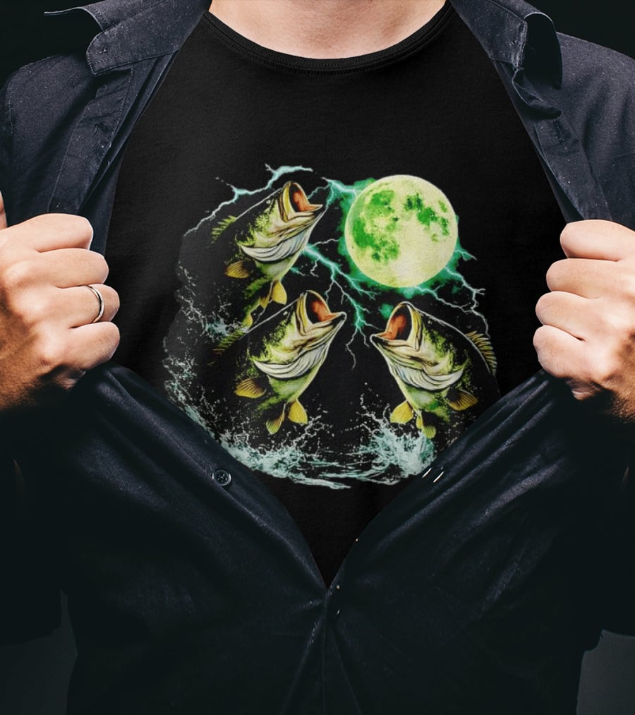 Bass Jumping Full Moon Night Wildlife Nature Scene T-Shirt