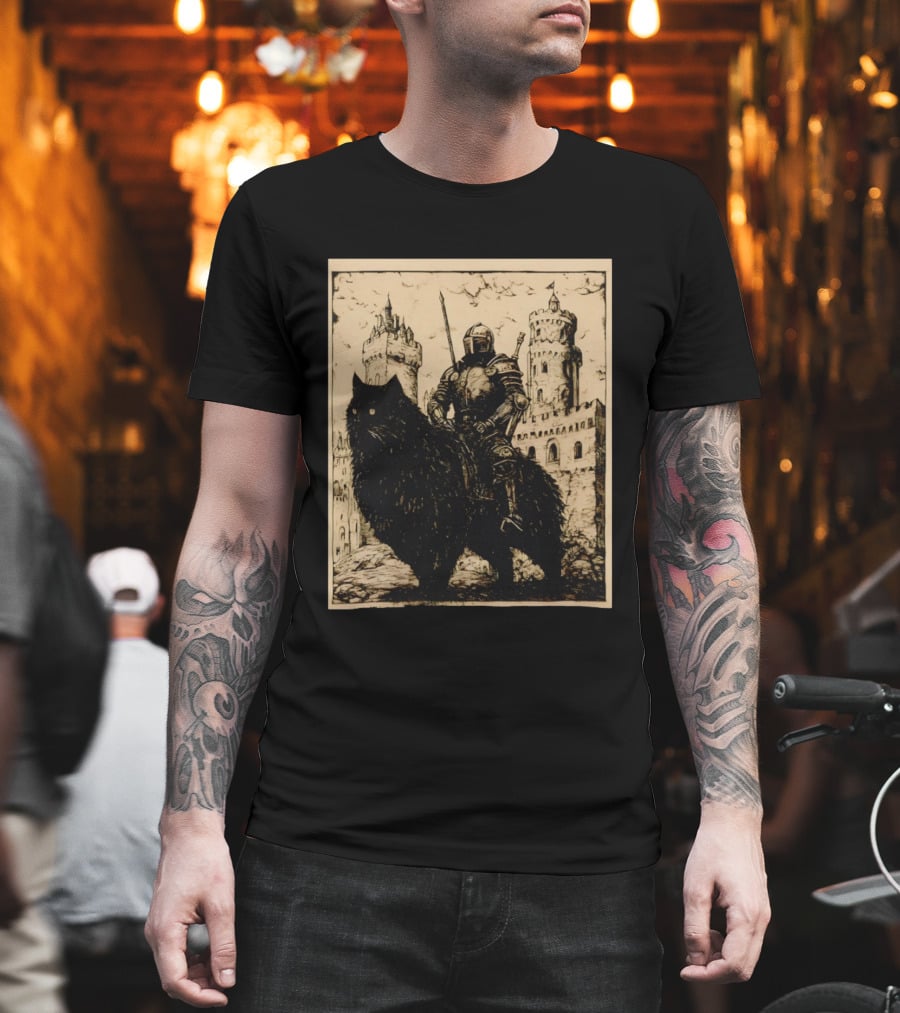 Knight Riding Giant Cat In Medieval Fantasy Castle Scene T-Shirt