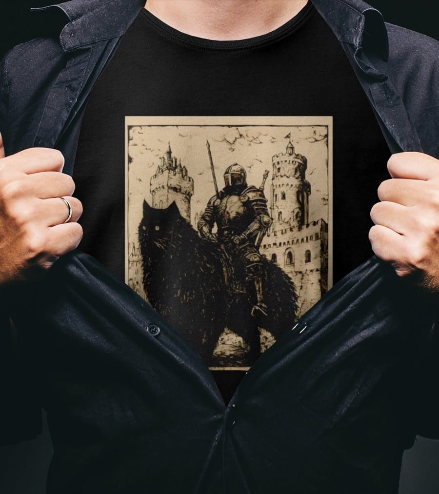 Knight Riding Giant Cat In Medieval Fantasy Castle Scene T-Shirt