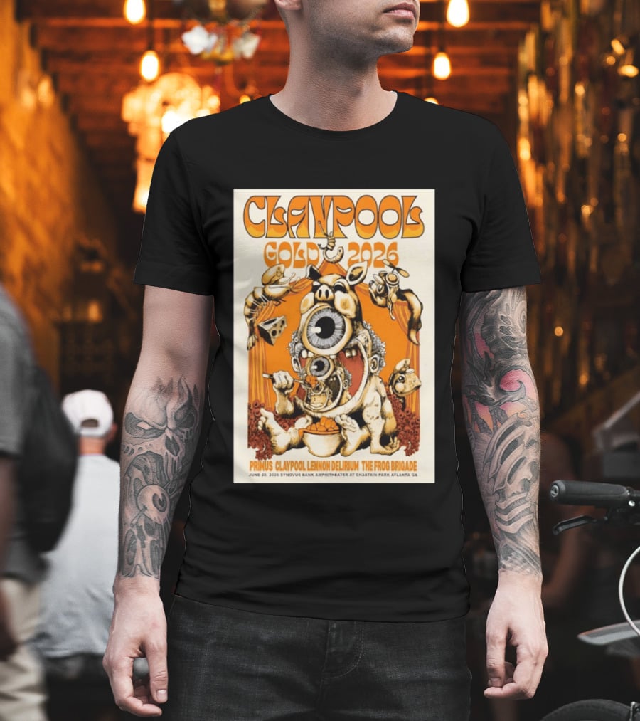 Claypool Gold 2026 Primus Lennon Delirium The Frog Brigade Atlanta June 20 Synovus Bank Amphitheater T-Shirt