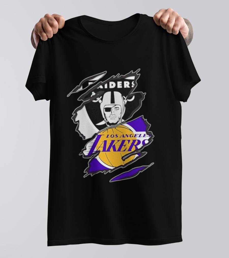 Las Vegas Raiders Los Angeles Lakers Two Teams One Heart Scratch T-Shirt