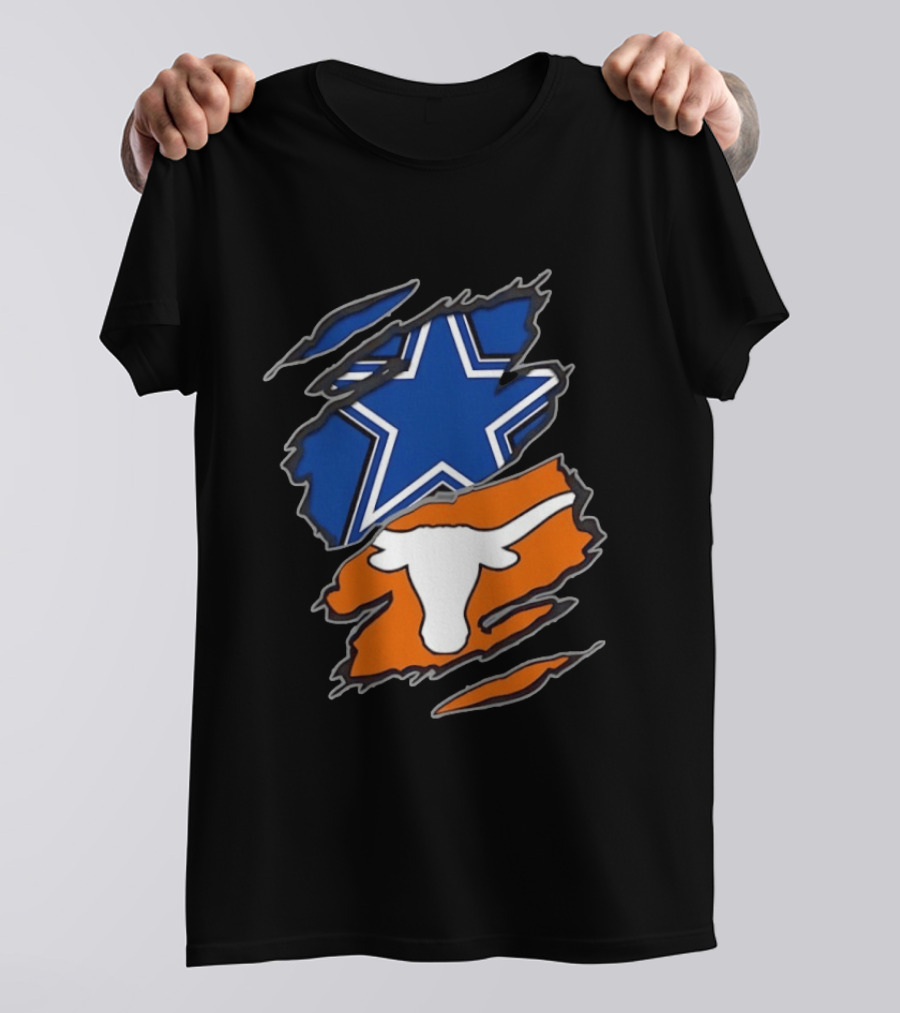 Dallas Cowboys Texas Longhorns Two Teams One Heart Scratch Torn Star Helmet T-Shirt