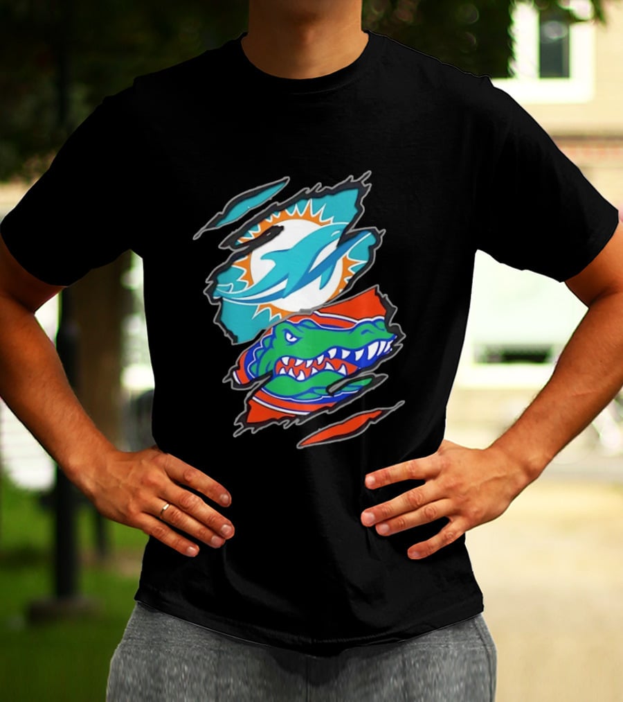 Miami Dolphins Florida Gators Two Teams One Heart Scratch T-Shirt