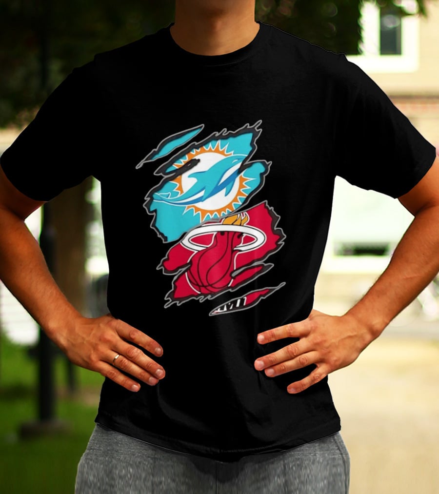 Miami Dolphins Miami Heat Two Teams One Heart Scratch T-Shirt