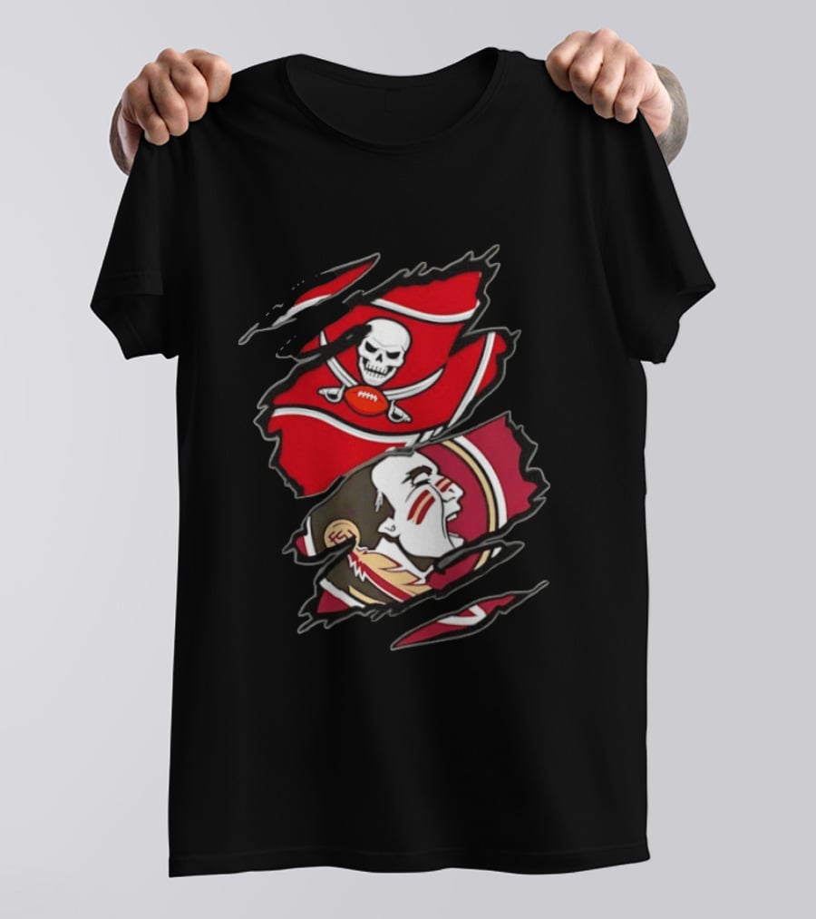 Tampa Bay Buccaneers And Florida State Seminoles Two Teams One Heart Scratch Skull Flag Warrior Face T-Shirt