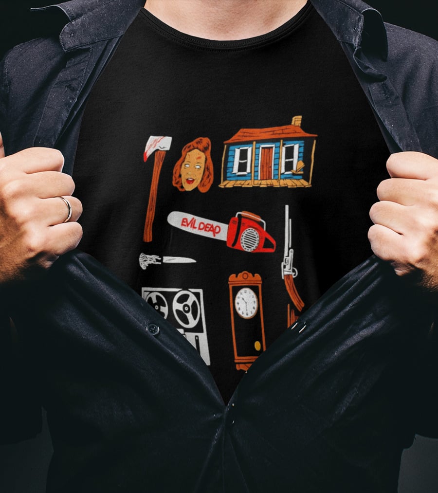 Evil Dead Horror Collage Chainsaw Cabin Axe Ash Williams T-Shirt