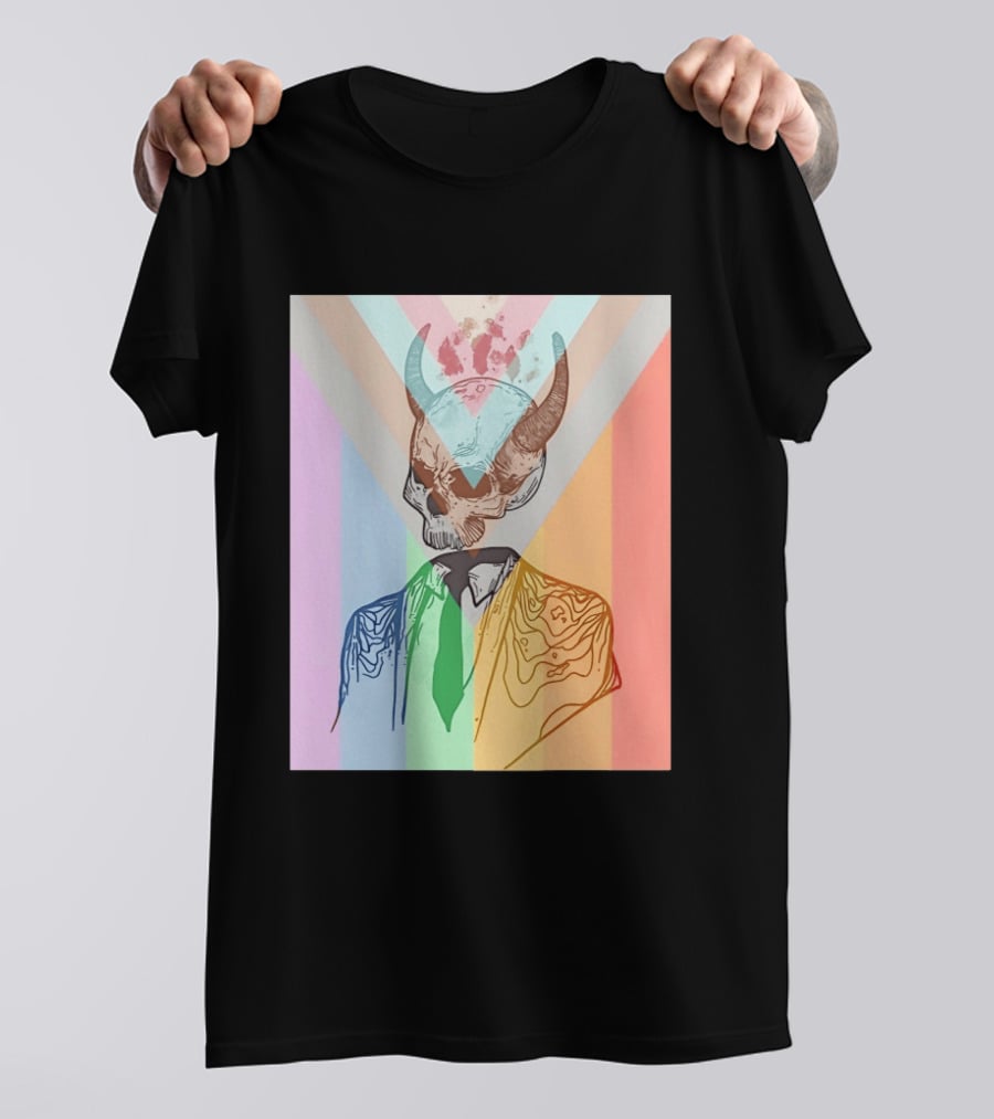 Horned Devil Skull Suit Pride Flag Surrealism Abstract Colorful T-Shirt