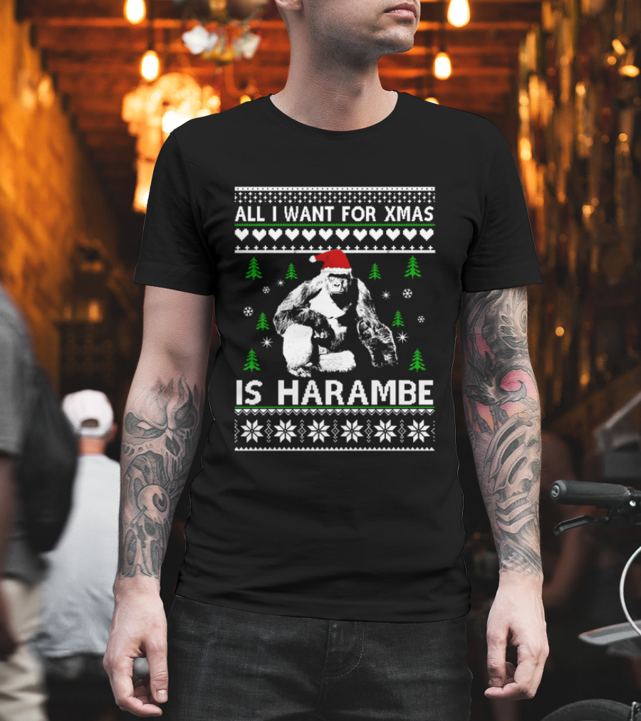 All I Want For Xmas Is Harambe Santa Hat Ugly Christmas T-Shirt