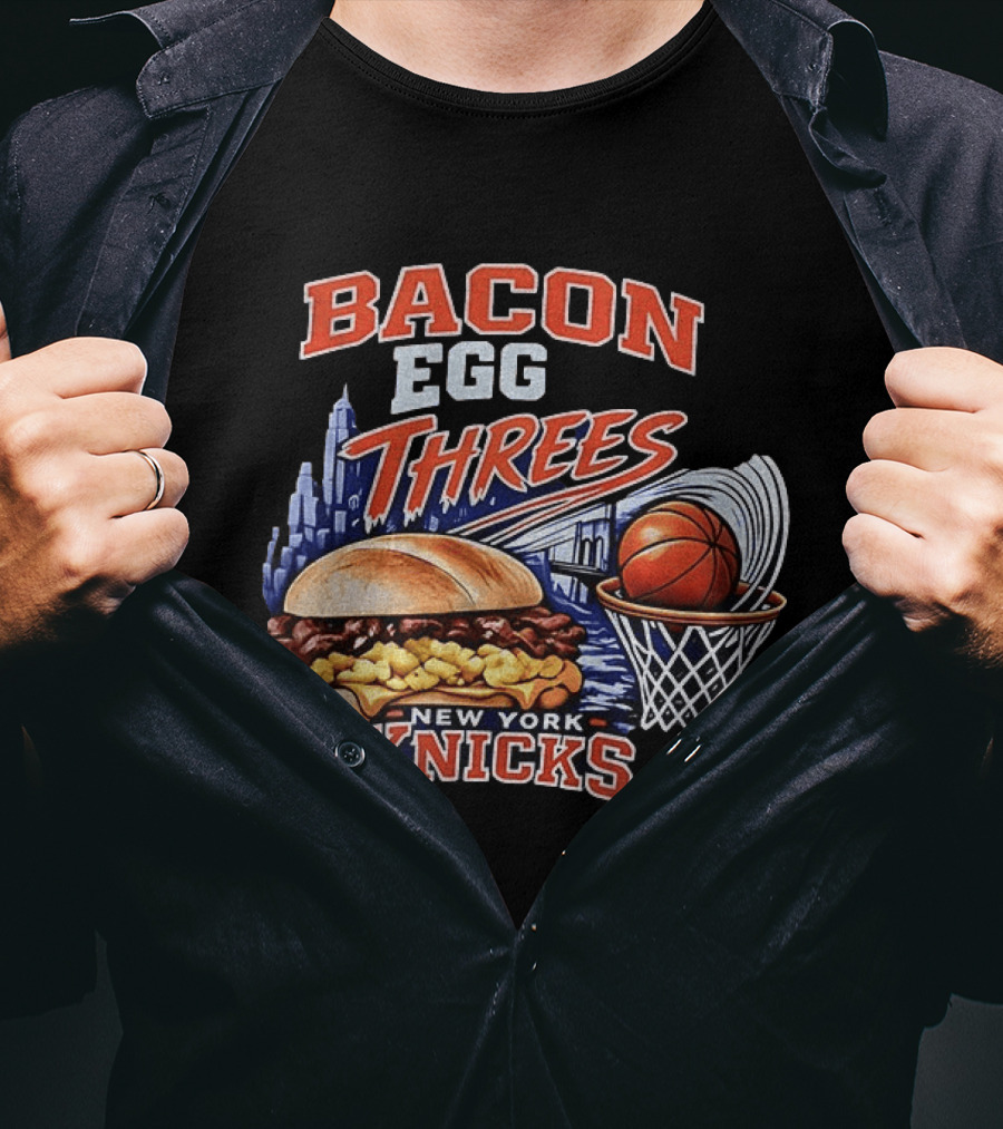 Bacon Egg And Threes New York Knicks Basketball Skyline Basketball Hoop Burger T-Shirt