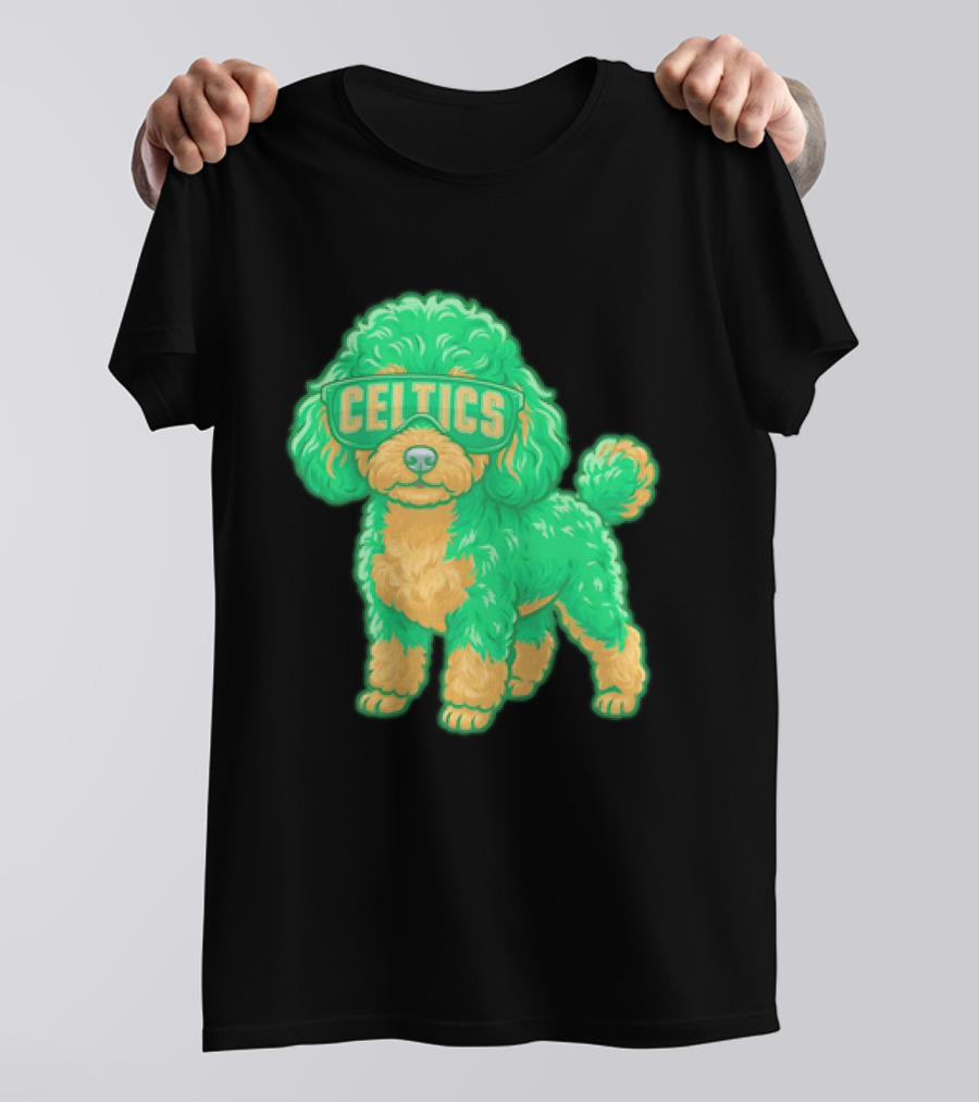 Boston Celtics Teacup Poodle Cartoon With Celtics Sunglasses T-Shirt