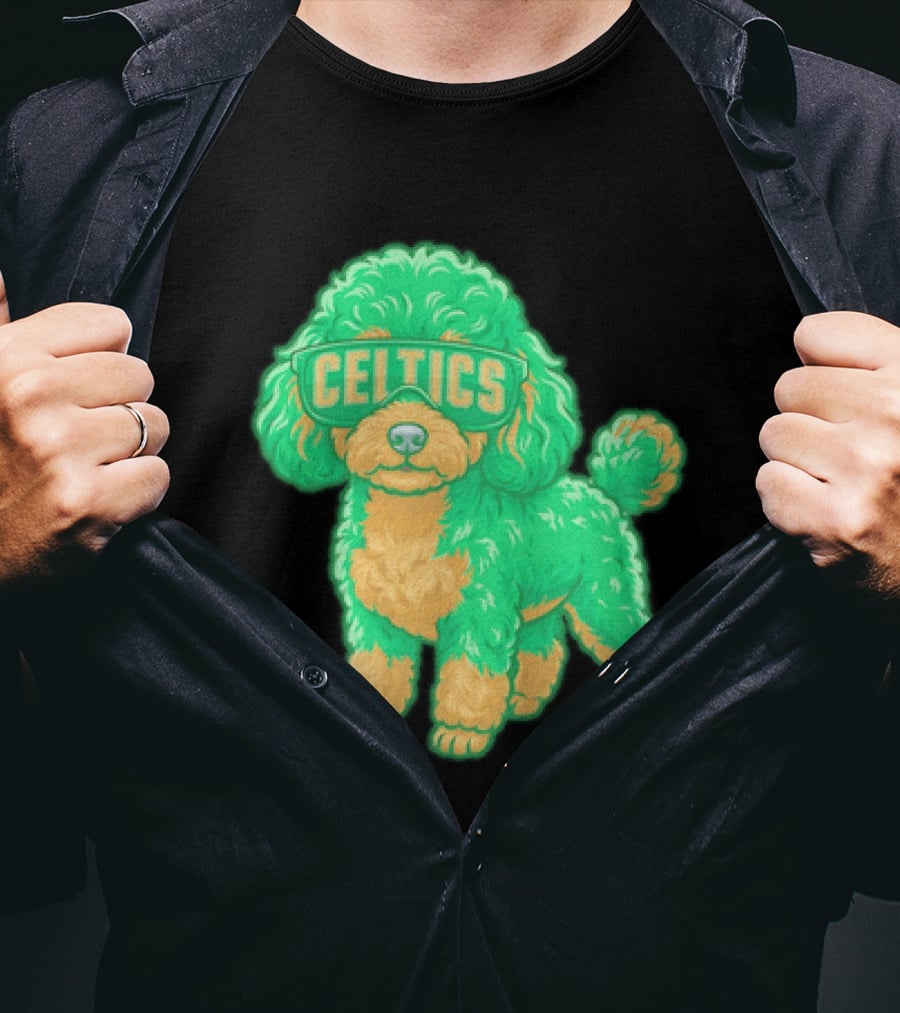 Boston Celtics Teacup Poodle Cartoon With Celtics Sunglasses T-Shirt