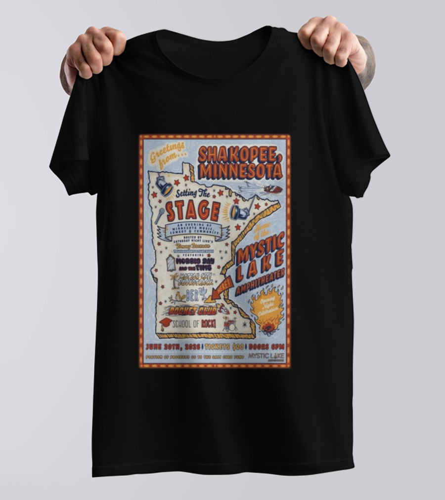 Greetings From Shakopee Minnesota Mystic Lake Amphitheater June 20 2026 Setting The Stage School Of Rock Band Event T-Shirt