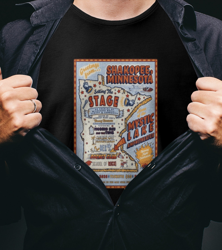 Greetings From Shakopee Minnesota Mystic Lake Amphitheater June 20 2026 Setting The Stage School Of Rock Band Event T-Shirt