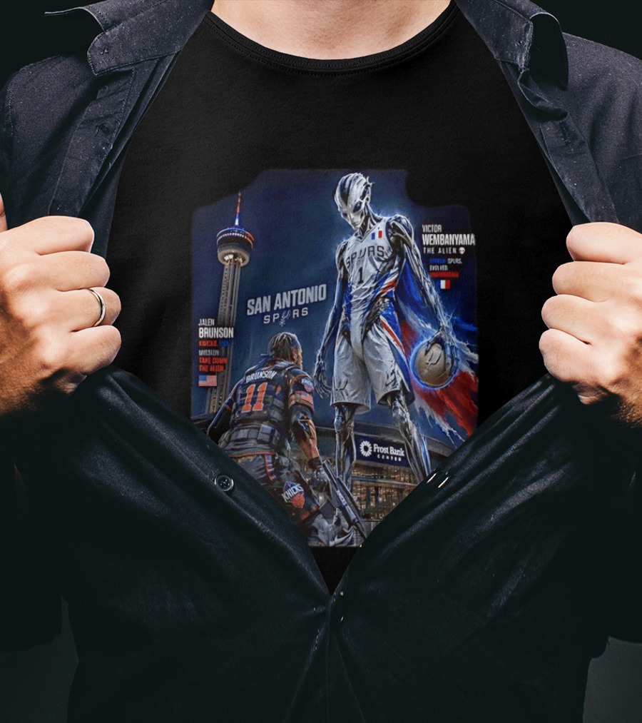 Jalen Brunson Knicks Battle Victor Wembanyama Alien Spurs Showdown San Antonio T-Shirt