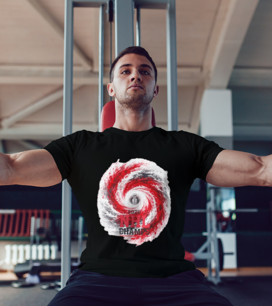 Carolina Hurricanes 2026 NHL Champs Storm With Hockey Trophy And Red Gray Swirl T-Shirt