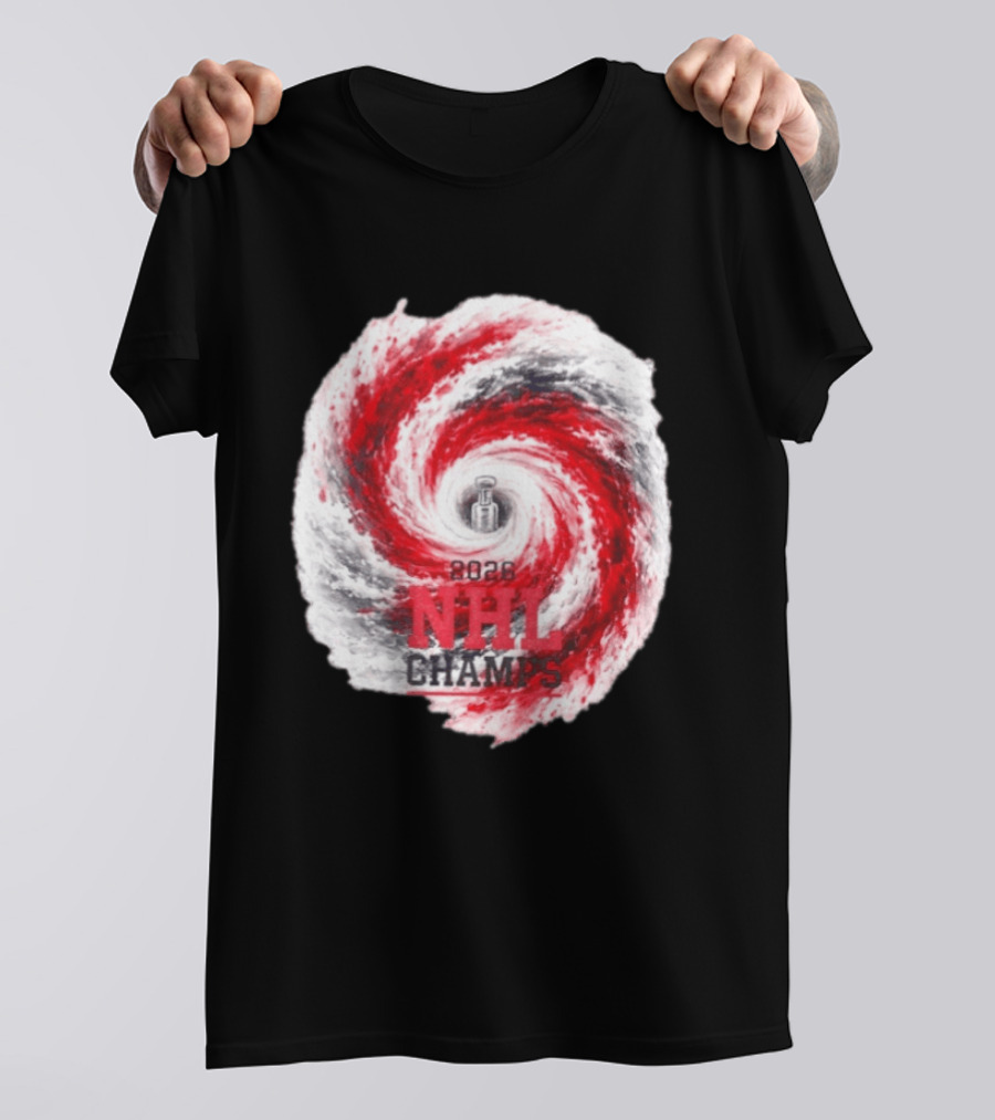 Carolina Hurricanes 2026 NHL Champs Storm With Hockey Trophy And Red Gray Swirl T-Shirt