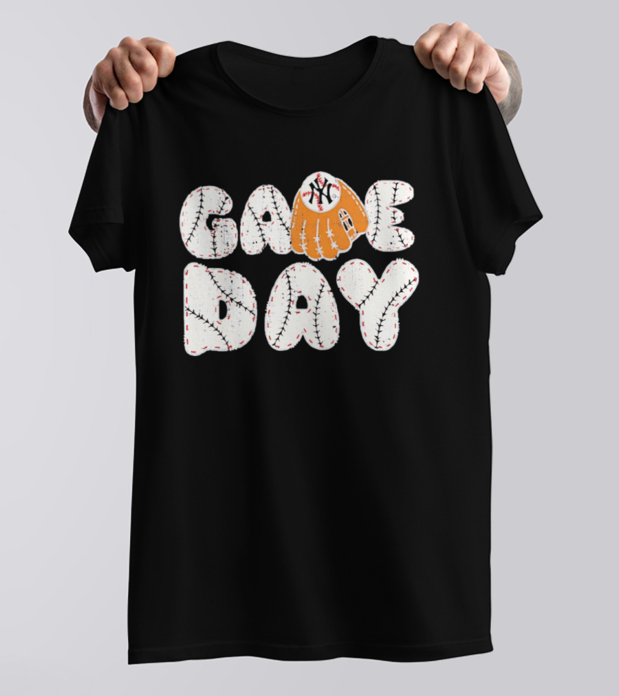 New York Yankees Game Day Baseball MLB NYY Glove And Ball Stitching T-Shirt