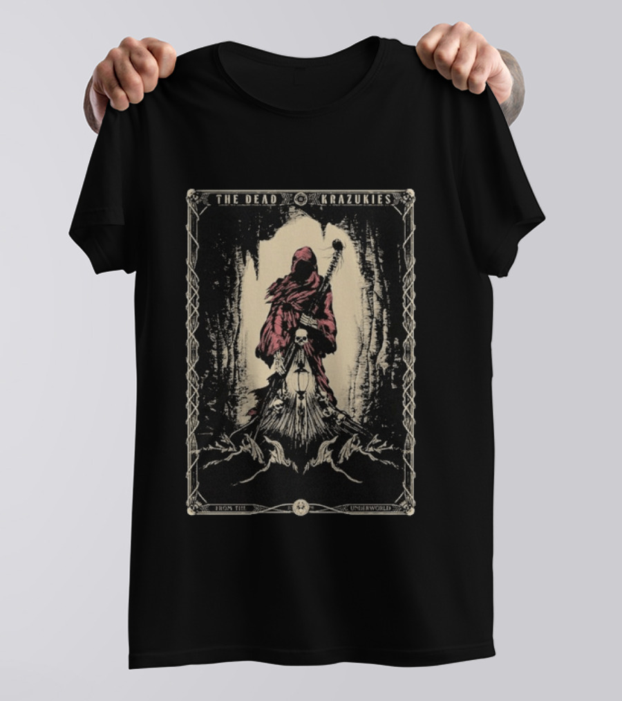 The Dead Krazukies From The Underworld Hooded Figure With Staff And Skulls T-Shirt
