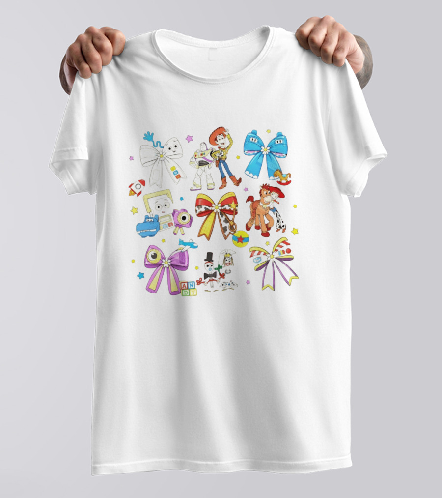 Woody Buzz Jessie Forky Andy Toy Story Characters With Colorful Bows T-Shirt