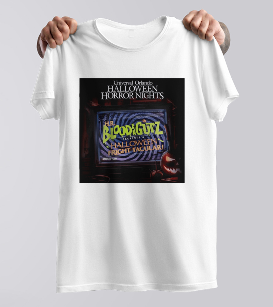 Universal Orlando Halloween Horror Nights HR Blood N Gutz Presents A Halloween Fright Tacular TV Experience T-Shirt