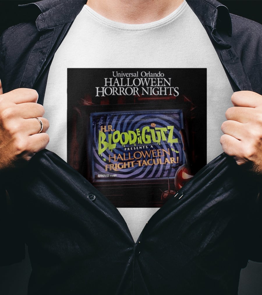 Universal Orlando Halloween Horror Nights HR Blood N Gutz Presents A Halloween Fright Tacular TV Experience T-Shirt