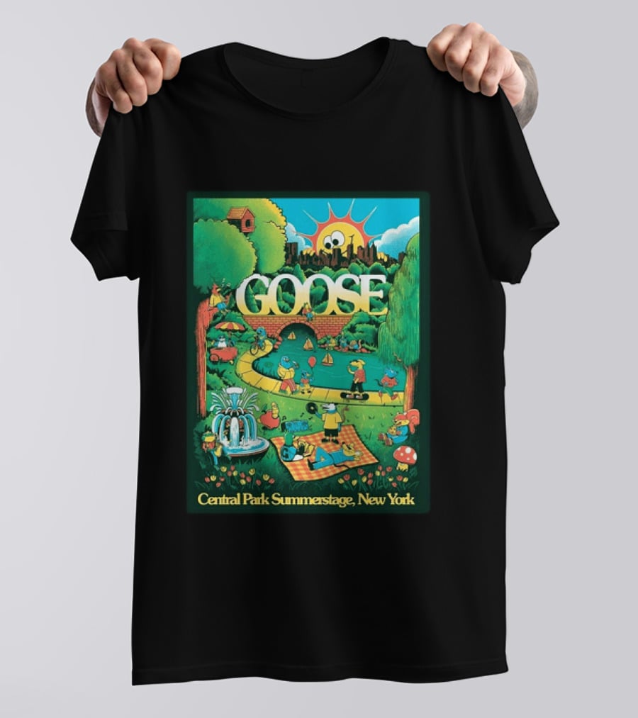 Goose Central Park Summerstage New York 2026 June 21 Lewy Jones Vibrant Park Scene With Sun And Fountain T-Shirt