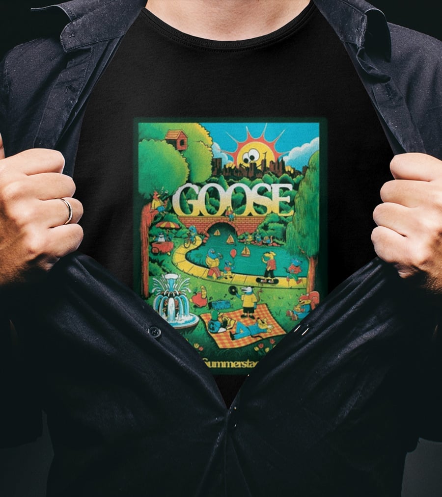 Goose Central Park Summerstage New York 2026 June 21 Lewy Jones Vibrant Park Scene With Sun And Fountain T-Shirt