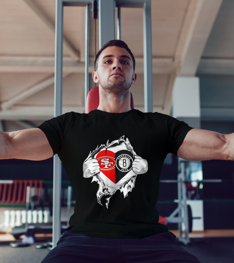 San Francisco 49ers Brooklyn Nets Heart Design Scratch Image T-Shirt