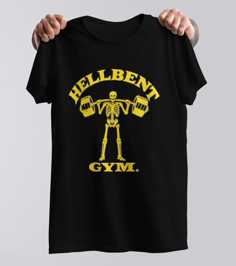 Hellbent Gym Skeleton Lifting Weights Yellow T-Shirt