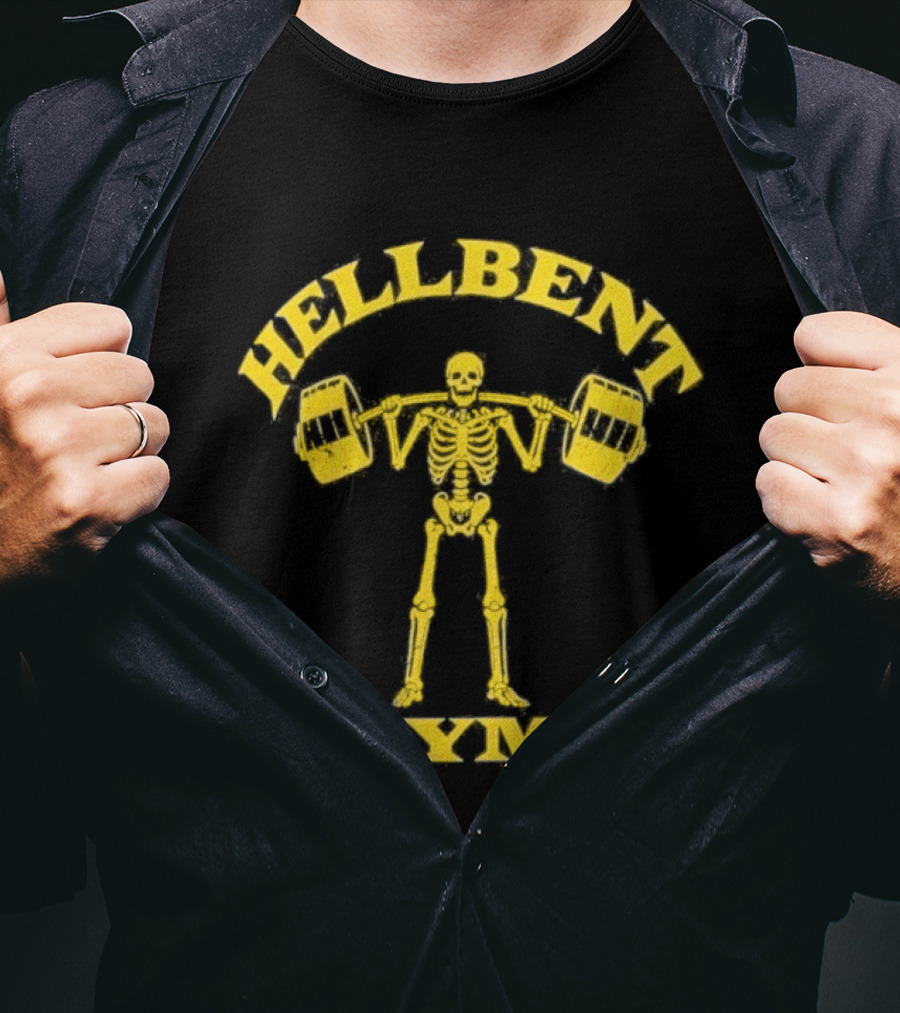 Hellbent Gym Skeleton Lifting Weights Yellow T-Shirt