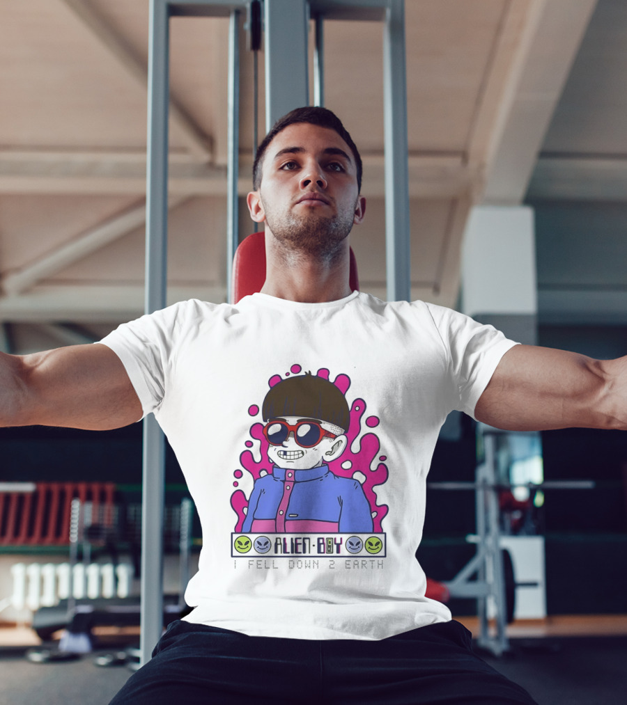 Alien Boy I Fell Down 2 Earth Cool Kid Retro Pink Smiley Vibes T-Shirt