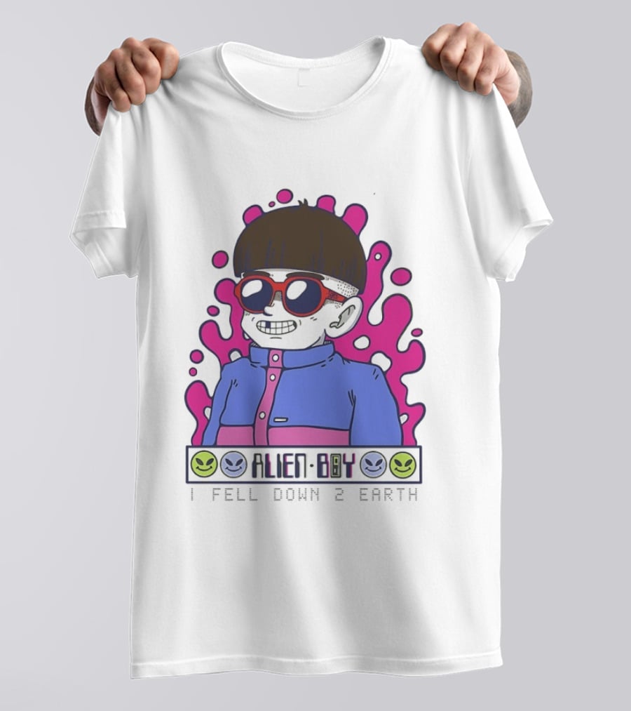 Alien Boy I Fell Down 2 Earth Cool Kid Retro Pink Smiley Vibes T-Shirt