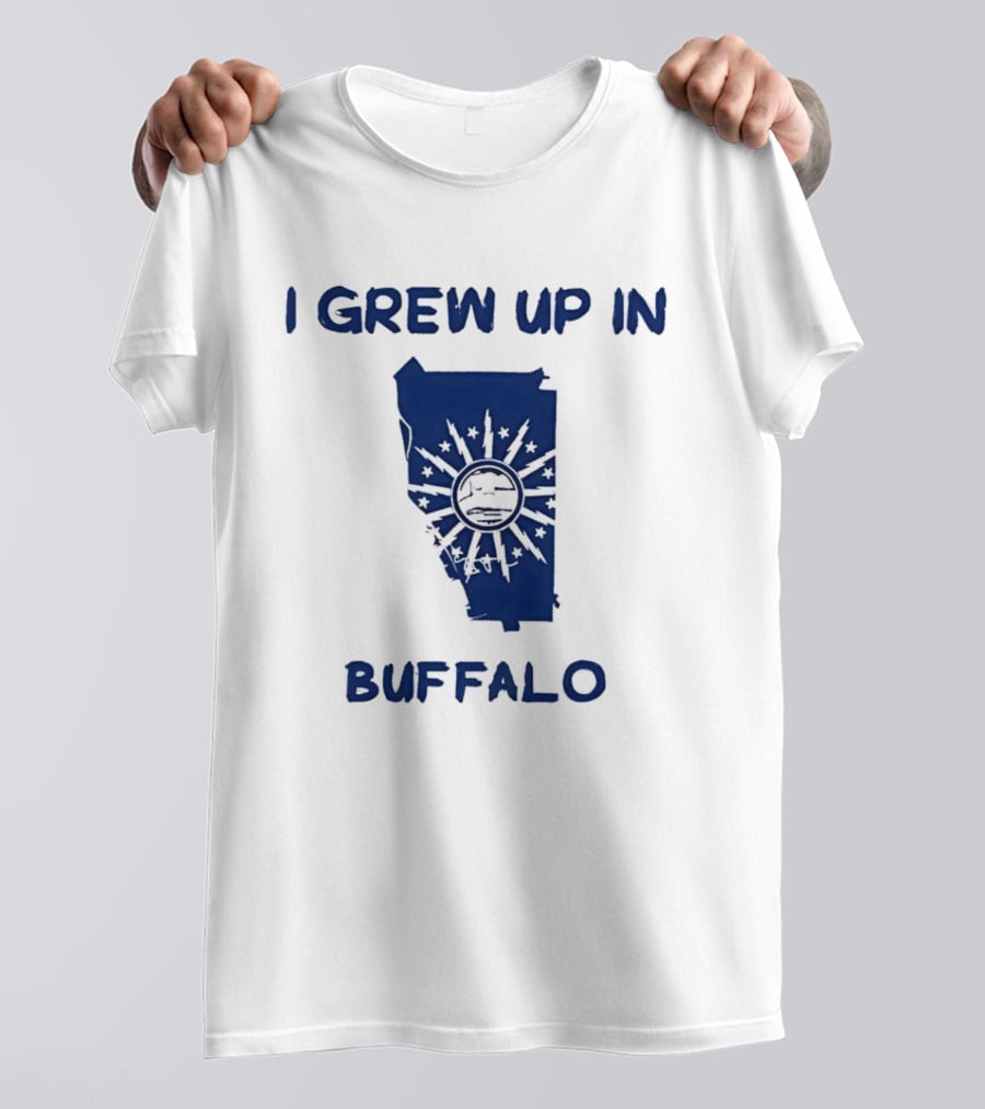 I Grew Up In Buffalo Map With Buffalo Silhouette And Sunburst T-Shirt