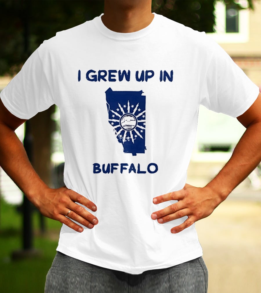 I Grew Up In Buffalo Map With Buffalo Silhouette And Sunburst T-Shirt