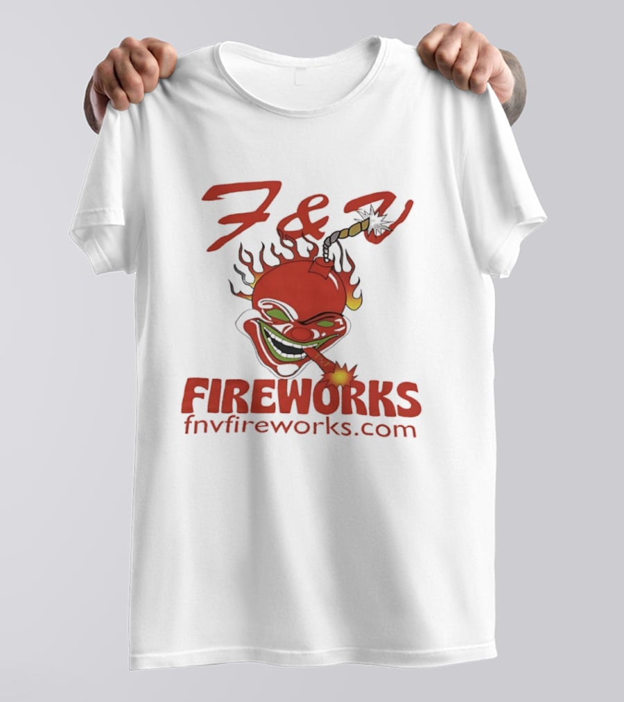 F & V Fireworks Clown Logo With Lit Firecracker And Fnvfireworks.com T-Shirt