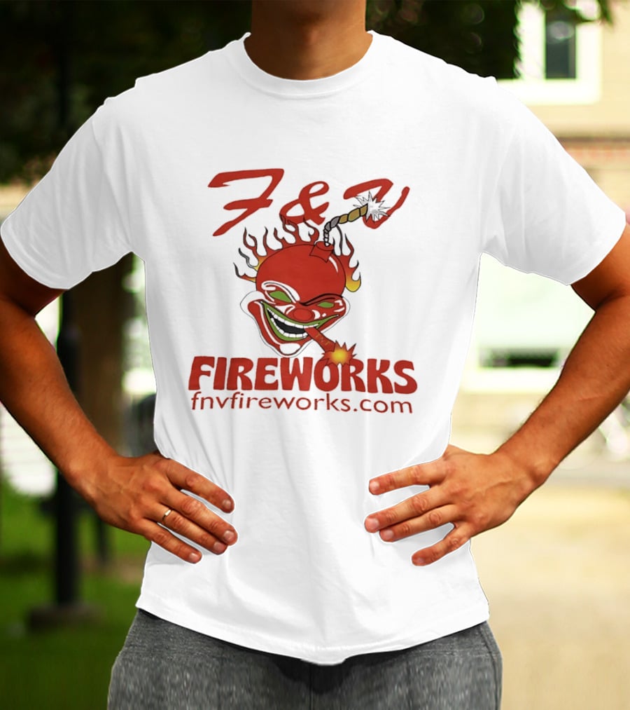 F & V Fireworks Clown Logo With Lit Firecracker And Fnvfireworks.com T-Shirt