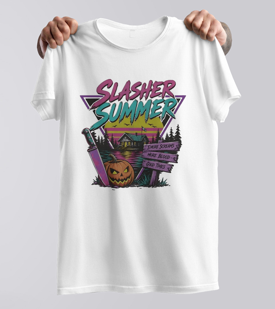 Slasher Summer S'more Screams More Blood Good Times Cabin Pumpkin Knife T-Shirt