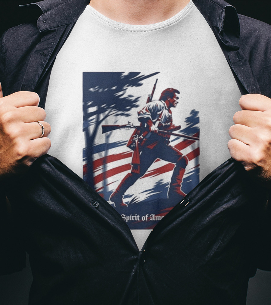 The Spirit Of America Revolutionary War Soldier With Musket And American Flag T-Shirt