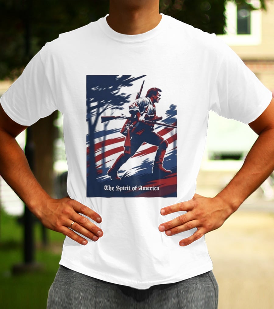 The Spirit Of America Revolutionary War Soldier With Musket And American Flag T-Shirt