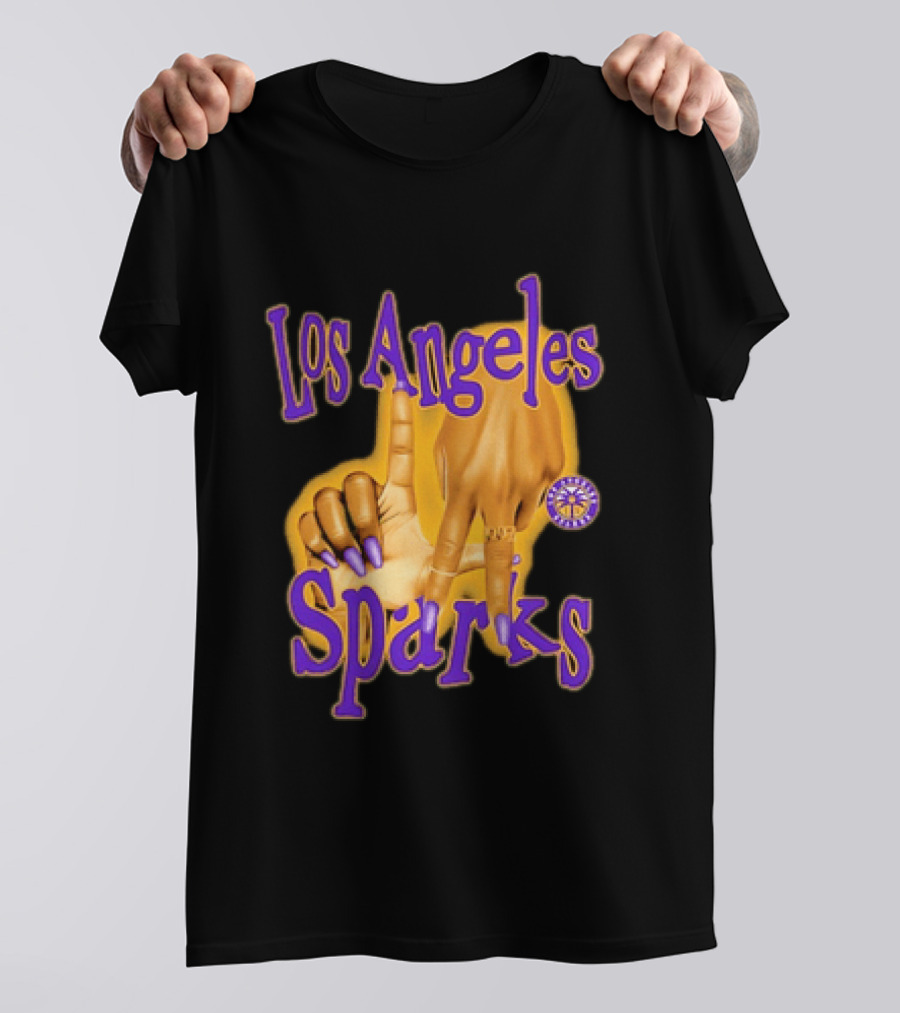 Los Angeles Sparks WNBA Finger Gesture Purple Ink Sketch T-Shirt