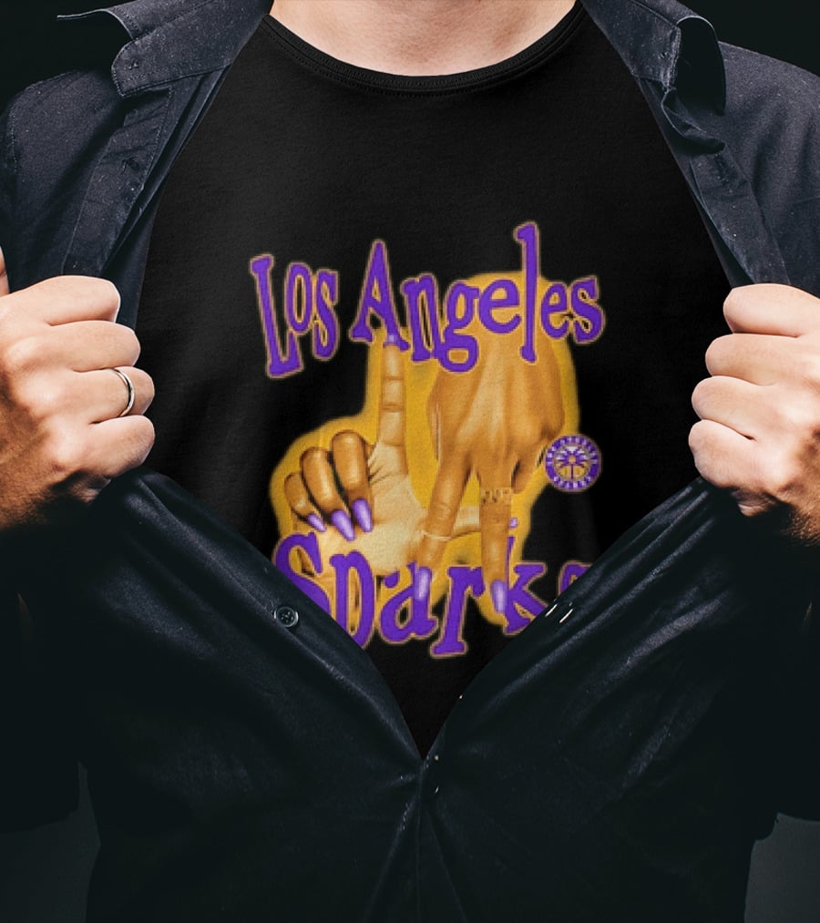 Los Angeles Sparks WNBA Finger Gesture Purple Ink Sketch T-Shirt