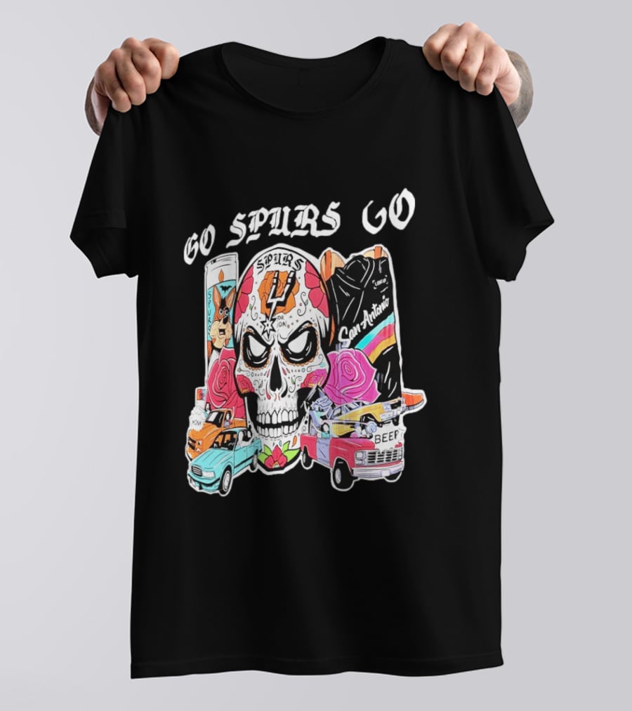 San Antonio Spurs Sugar Skull Go Spurs Go Vintage Cars Roses T-Shirt