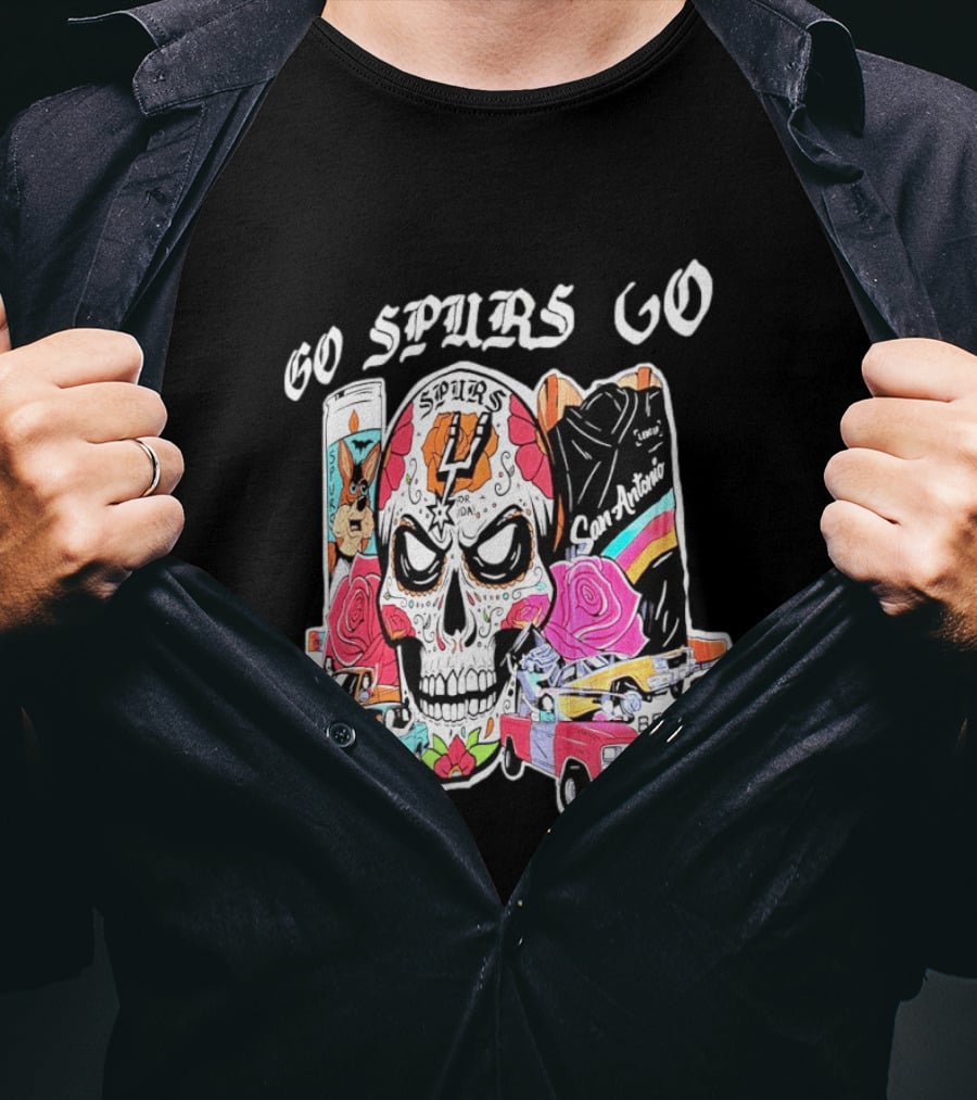 San Antonio Spurs Sugar Skull Go Spurs Go Vintage Cars Roses T-Shirt