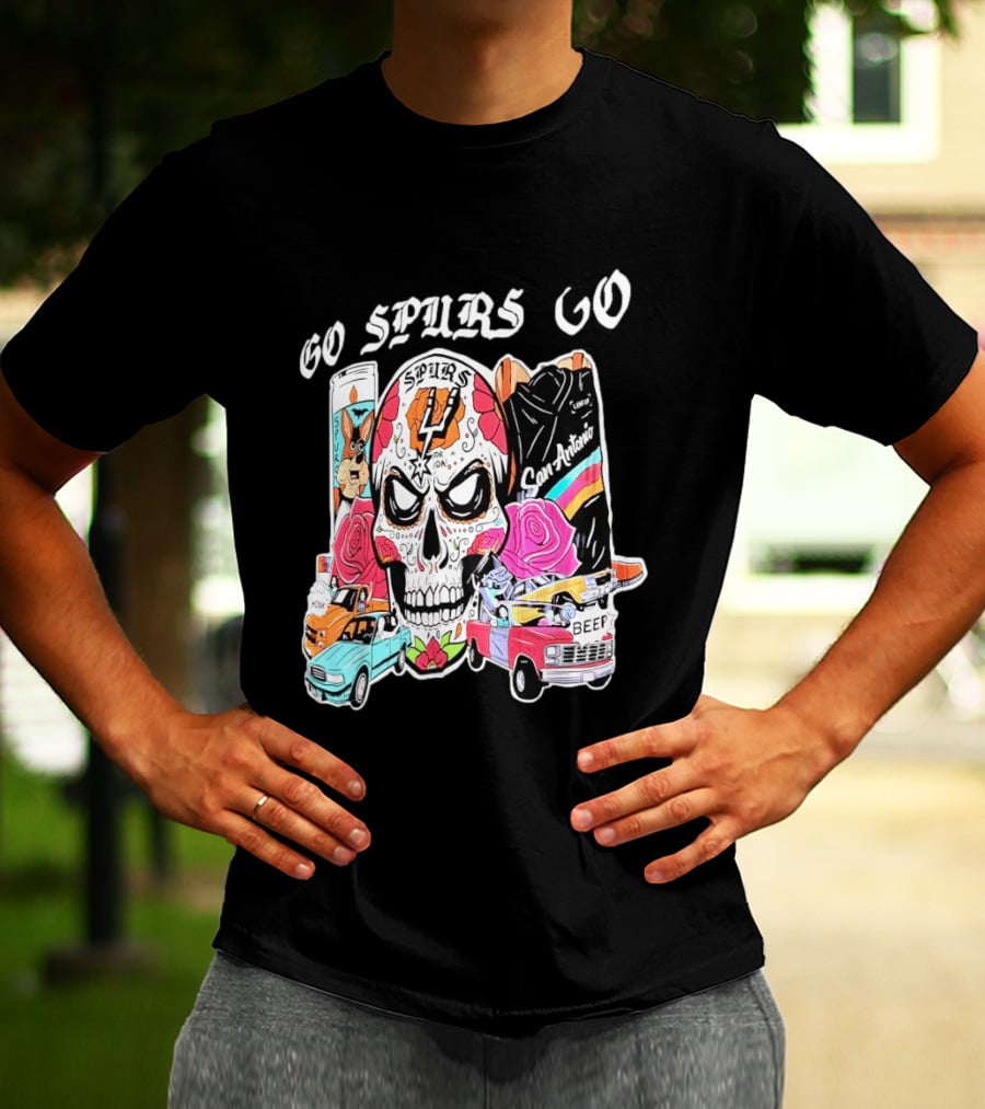 San Antonio Spurs Sugar Skull Go Spurs Go Vintage Cars Roses T-Shirt