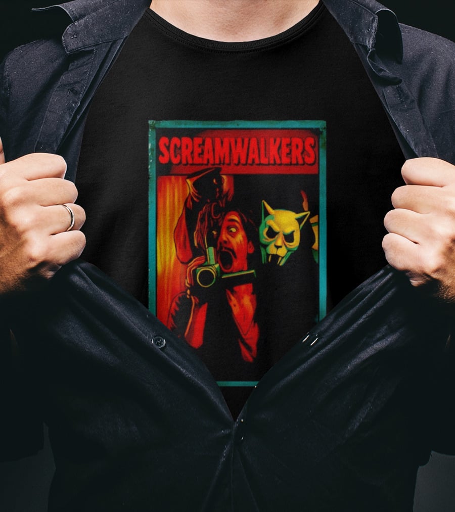 Screamwalkers Horror Movie With Camera And Masked Figure T-Shirt