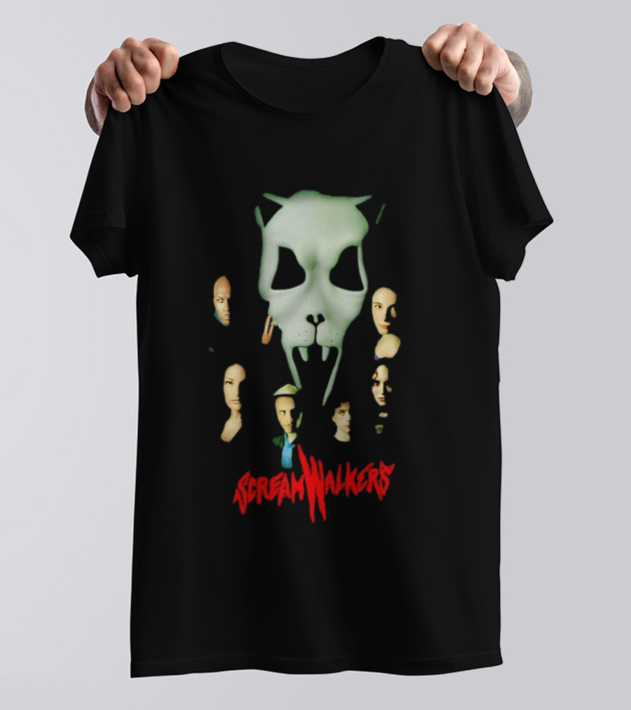 Screamwalkers Movie Cast Ensemble With Giant Mask Horror Faces T-Shirt