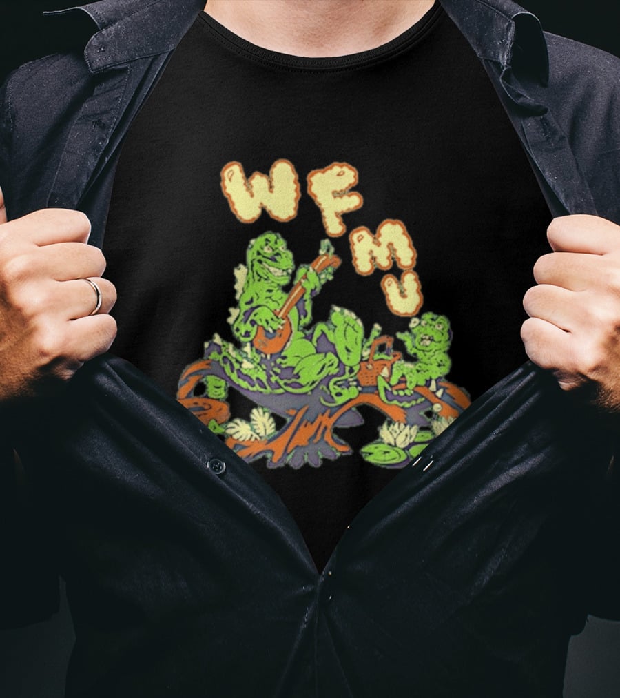 WFMU Swamp Picnic Frogs With Instruments And Radio T-Shirt